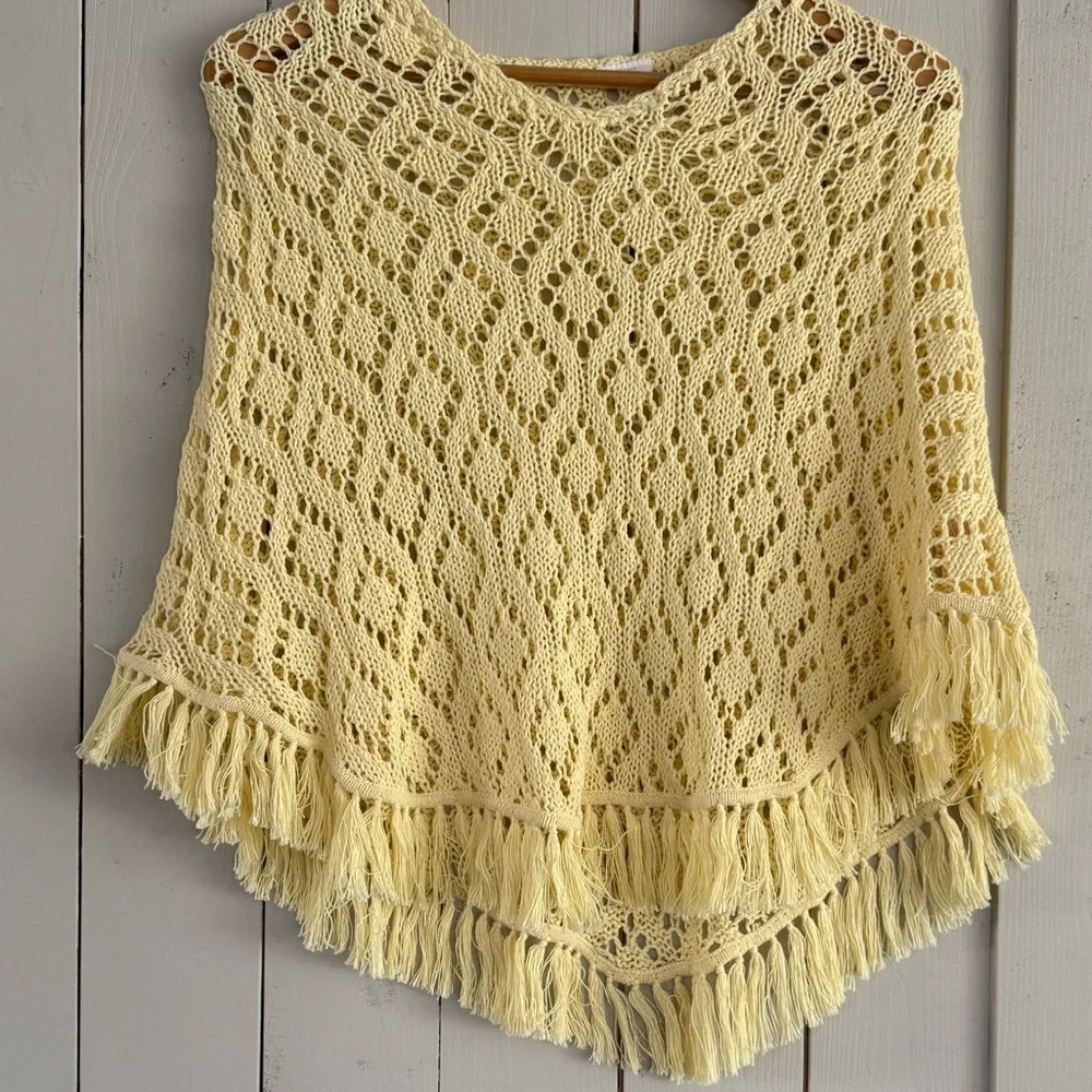 Butter yellow crochet Knit Fringe vintage Poncho top - Women